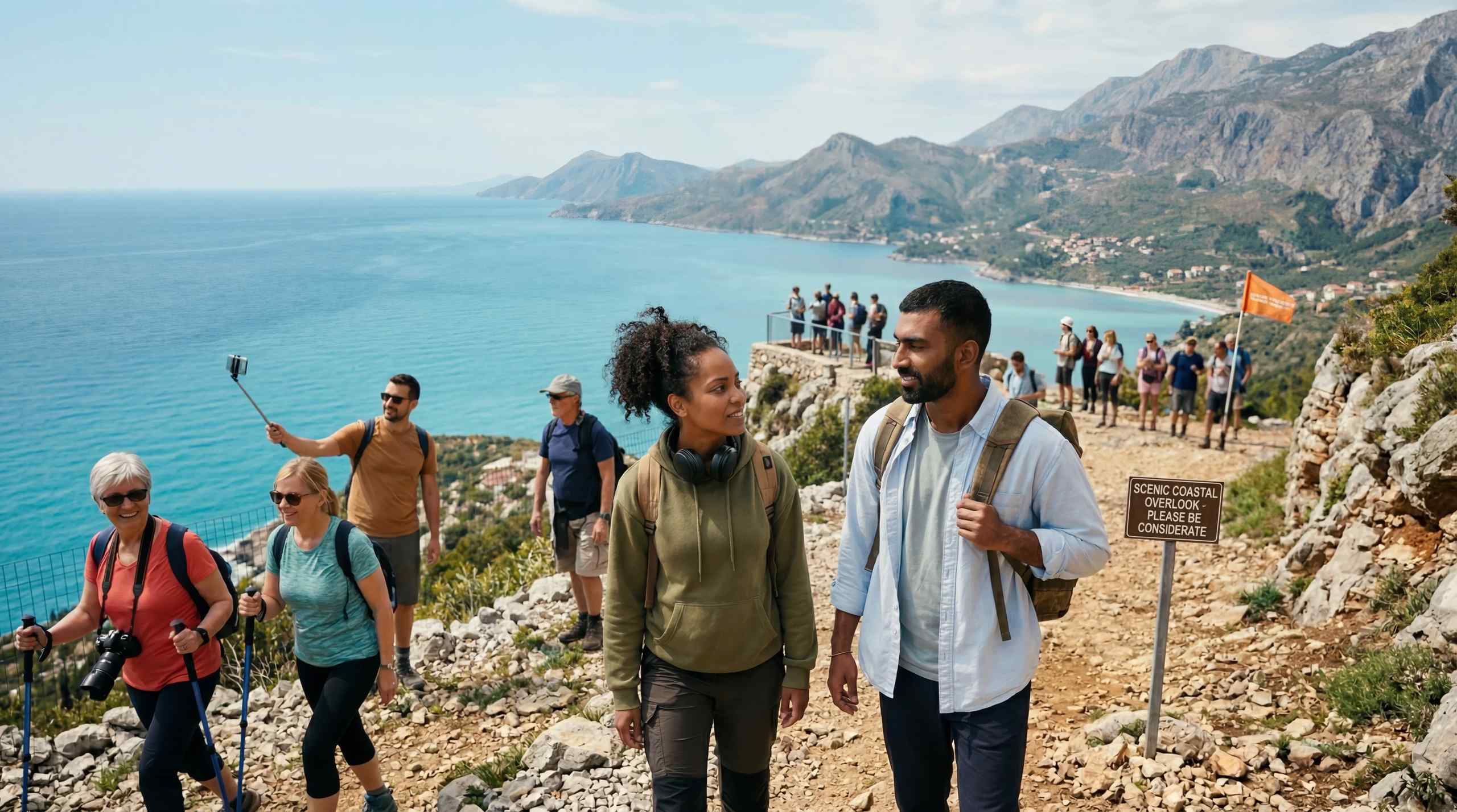 A couple going on a hike while on vacation
